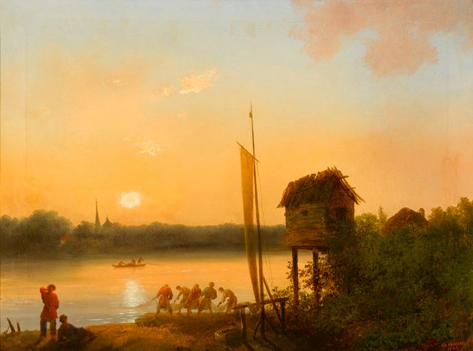 Ivan Andreevich Ivanov - Evening Riverscape with Fishermen | MasterArt